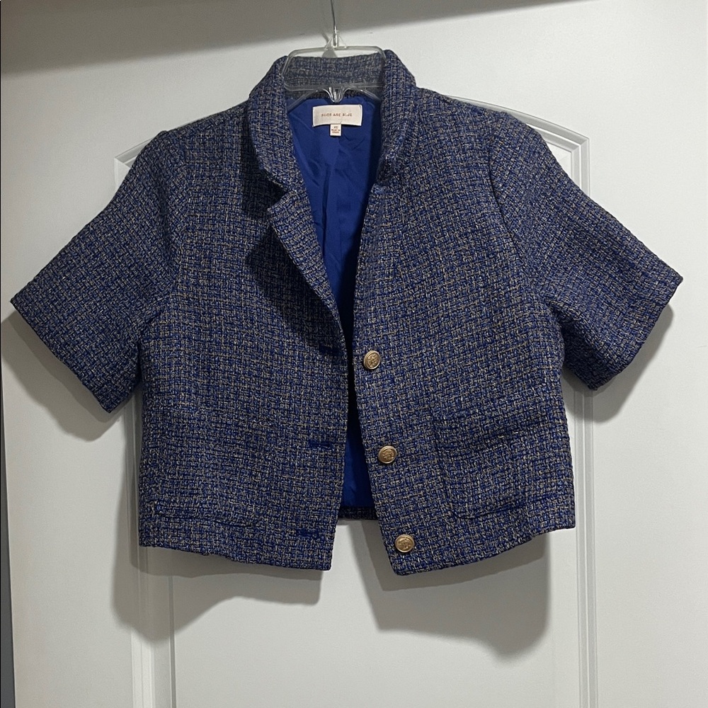 Skies Are Blue Tweed Cropped Blazer with Gold Buttons